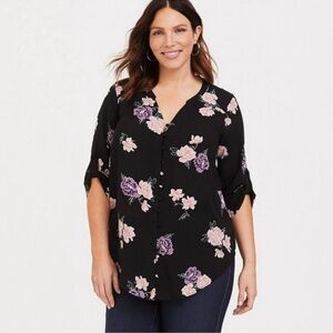 Torrid Harper Challis Floral Button Front Top Black Purple Size 2X